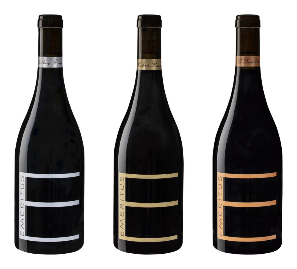 Three Emeritus Pinot Noir bottles showing silver, gold, and copper label colors for single-vineyard, single-parcel, and single-block wines